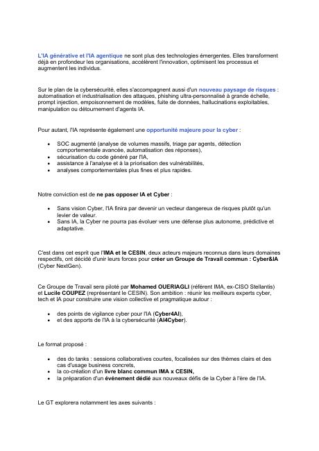 Première page de la genèse du groupe de travail Cyber & IA